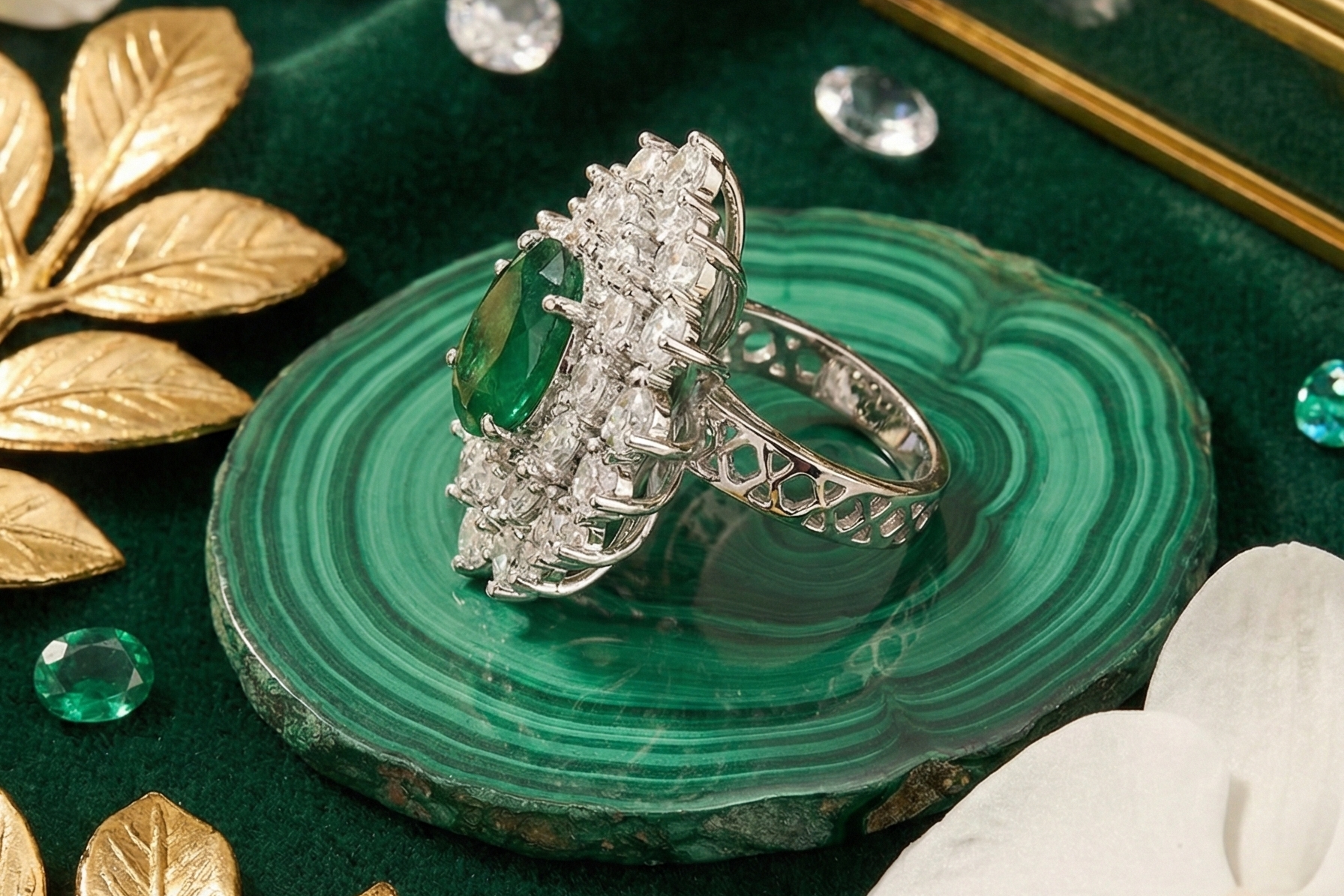 925 Sterling Silver Emerald Drop Adjustable Cocktail Ring