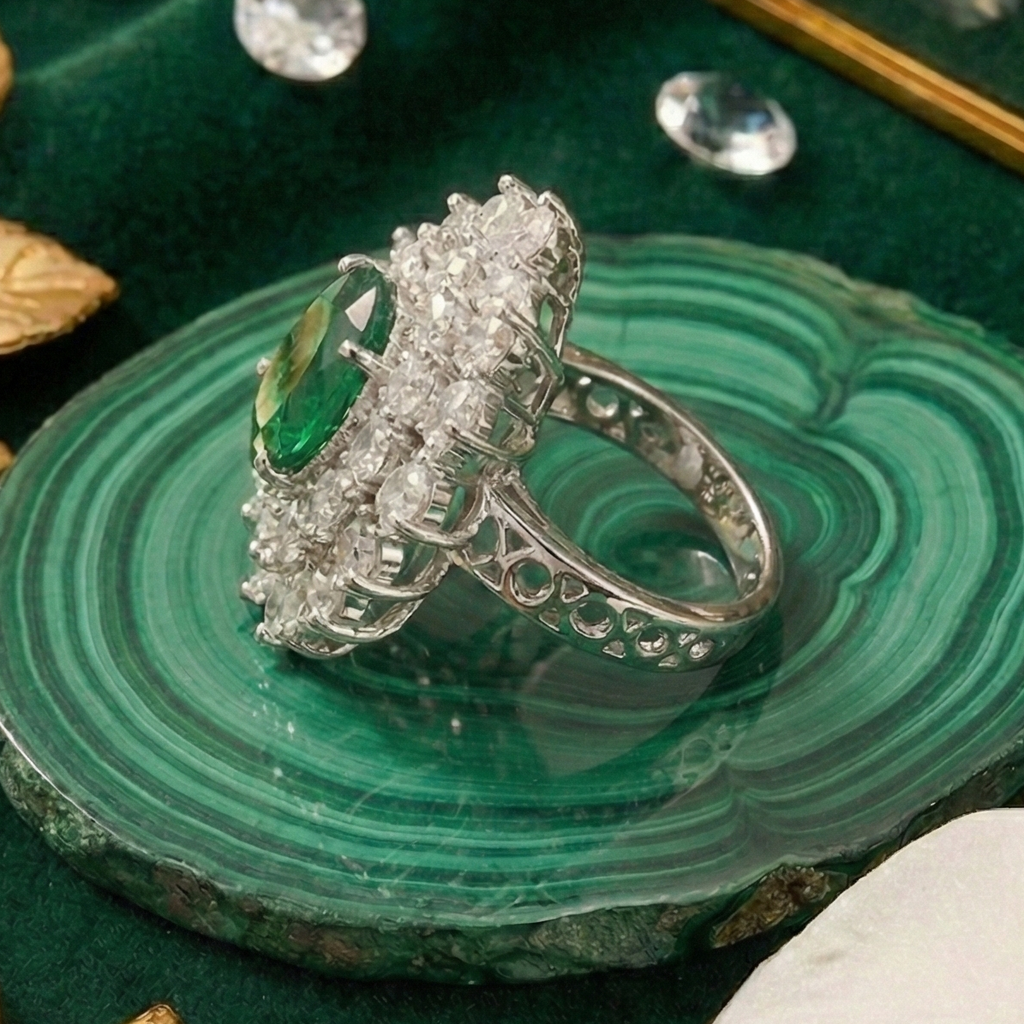 925 Sterling Silver Emerald Drop Adjustable Cocktail Ring
