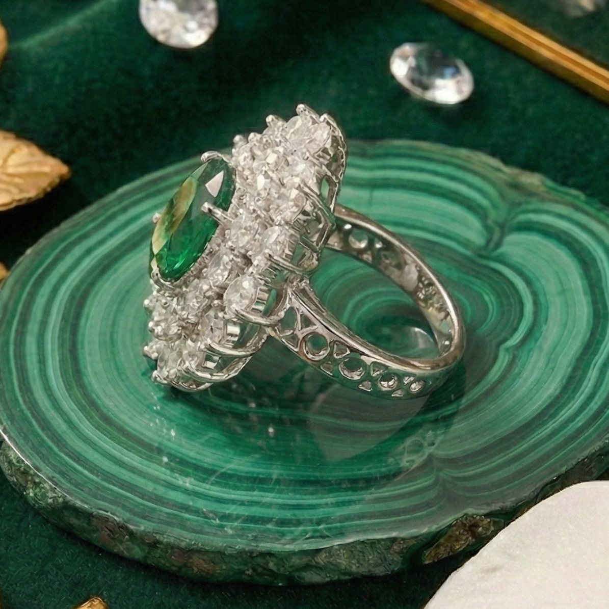 925 Sterling Silver Emerald Drop Adjustable Cocktail Ring