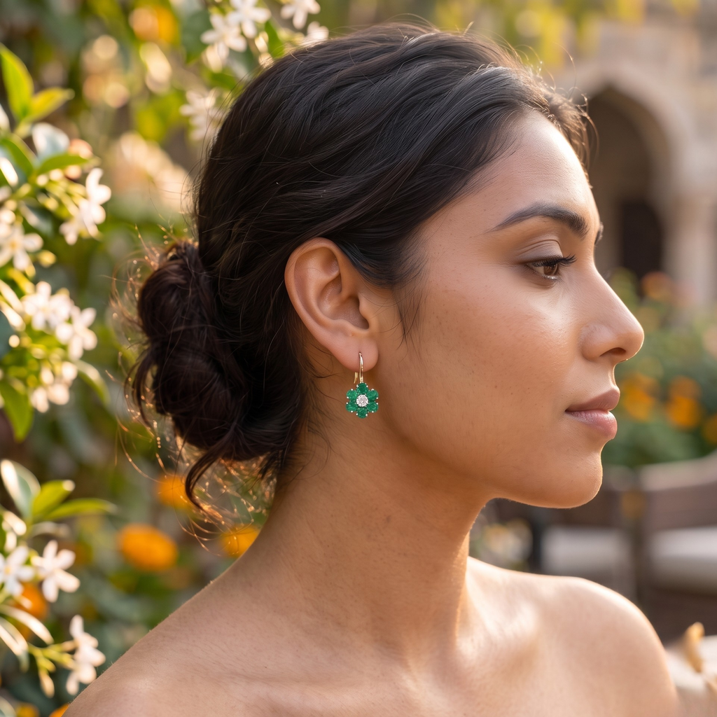 Emerald Floral Drop Earrings - 925 Sterling Silver