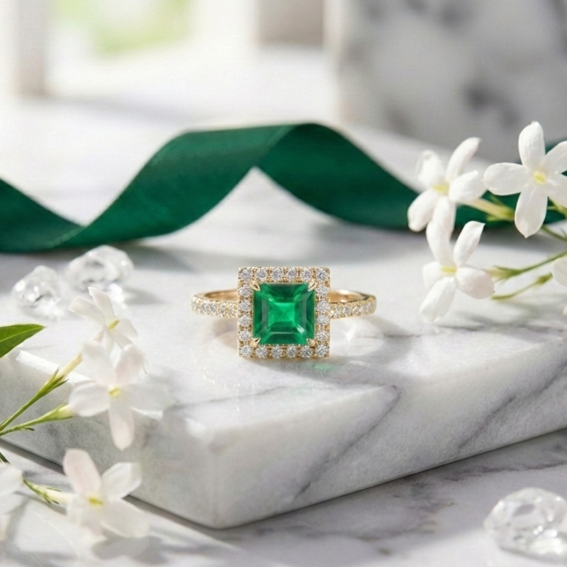 925 Sterling Silver Emerald Halo Square Cut Adjustable Ring