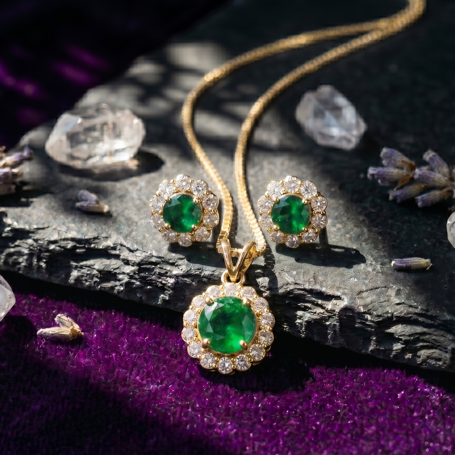 Emerald Halo Pendant Set in 925 Sterling Silver