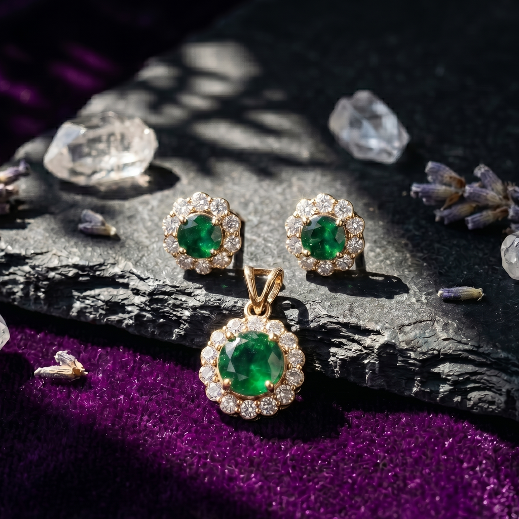 Emerald Halo Pendant Set in 925 Sterling Silver