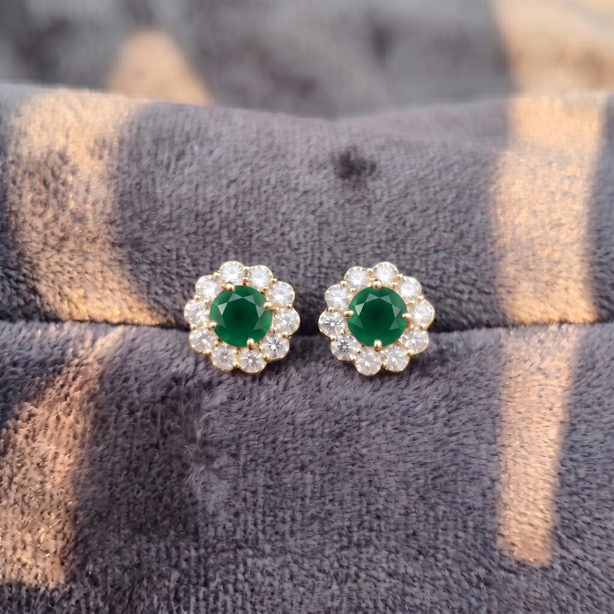 Emerald Bloom Floral Halo Stud Earrings – 925 Sterling Silver