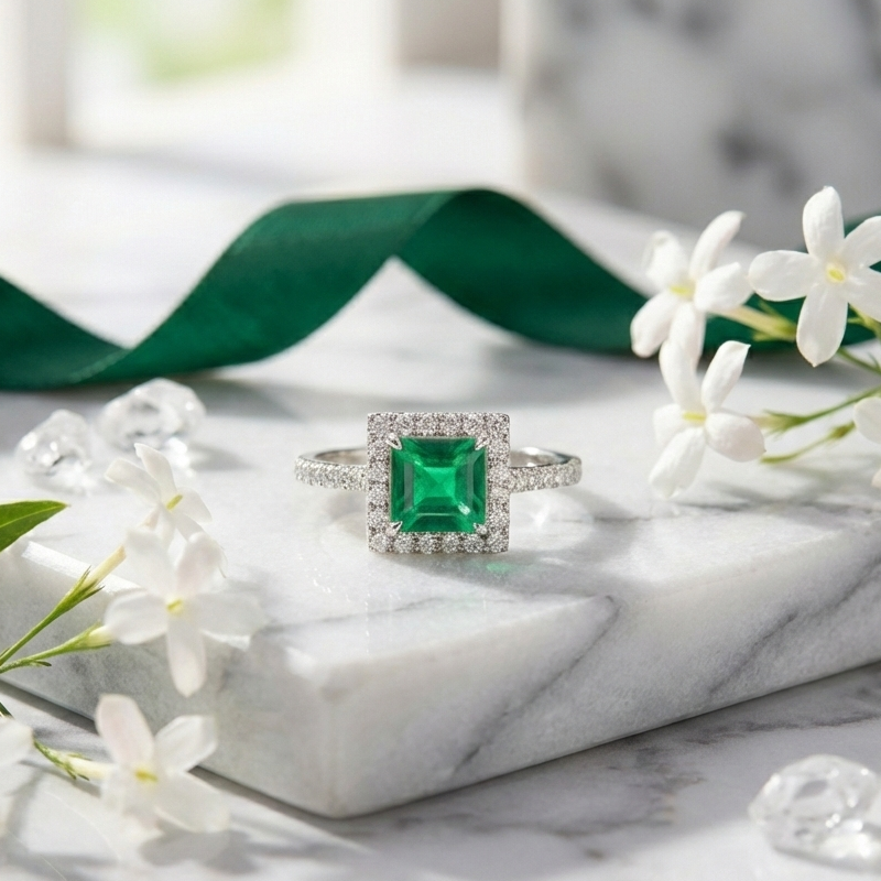 925 Sterling Silver Emerald Halo Square Cut Adjustable Ring