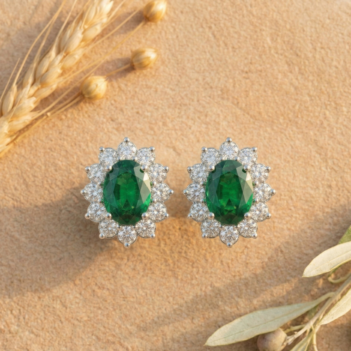Lush Emerald Oval Halo Studs - 925 Sterling Silver