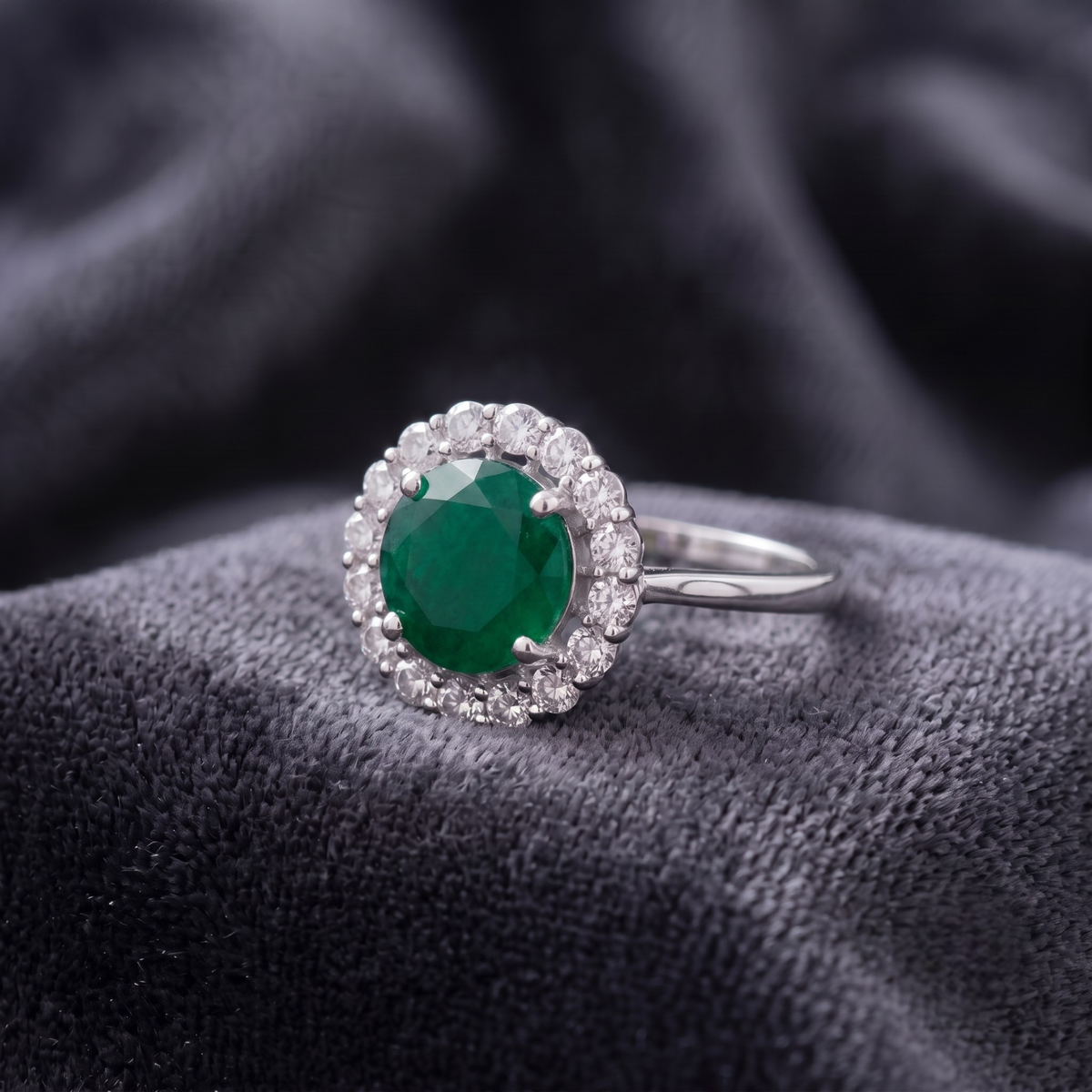 Round Cut Emerald Green Halo Statement Ring in 925 Sterling Silver