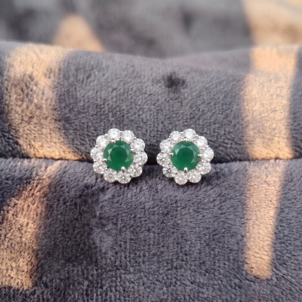 Emerald Bloom Floral Halo Stud Earrings – 925 Sterling Silver