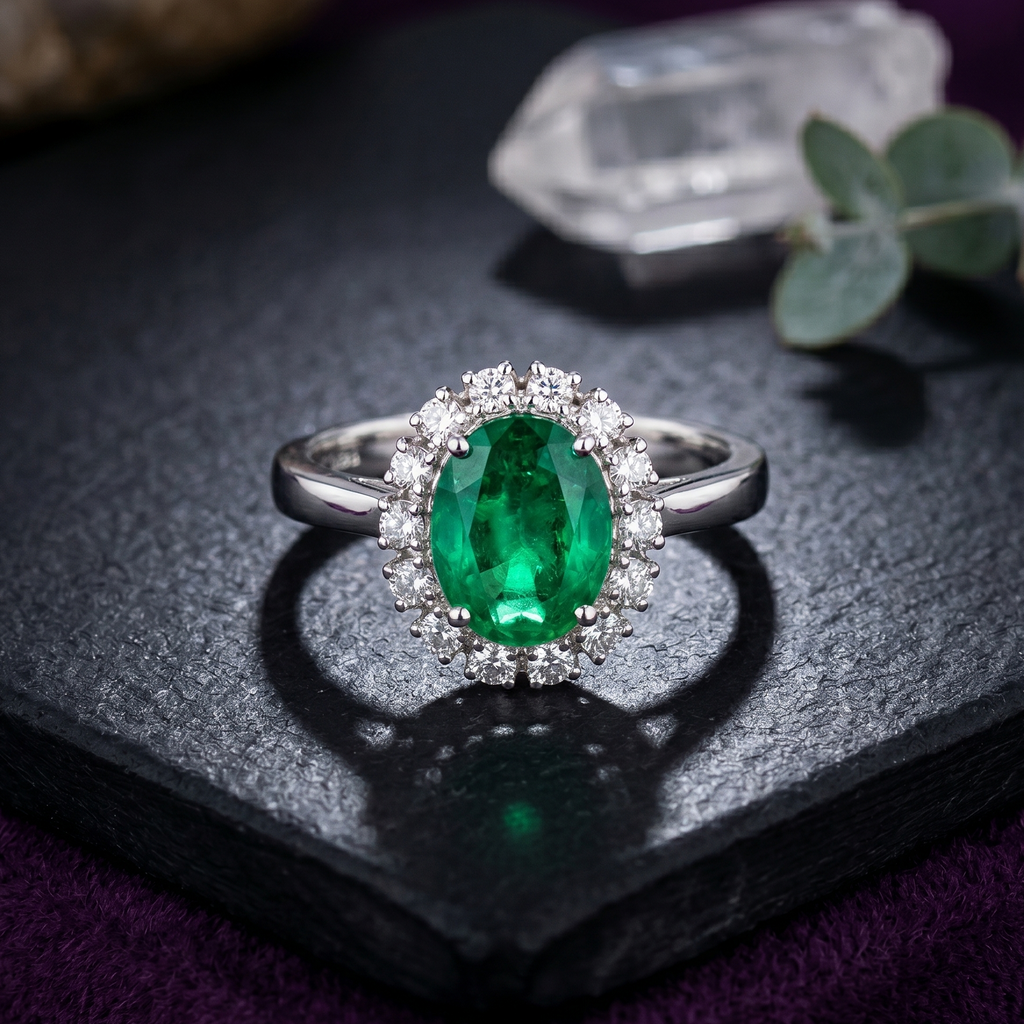 Classic Oval Emerald Halo Ring in 925 Sterling Silver