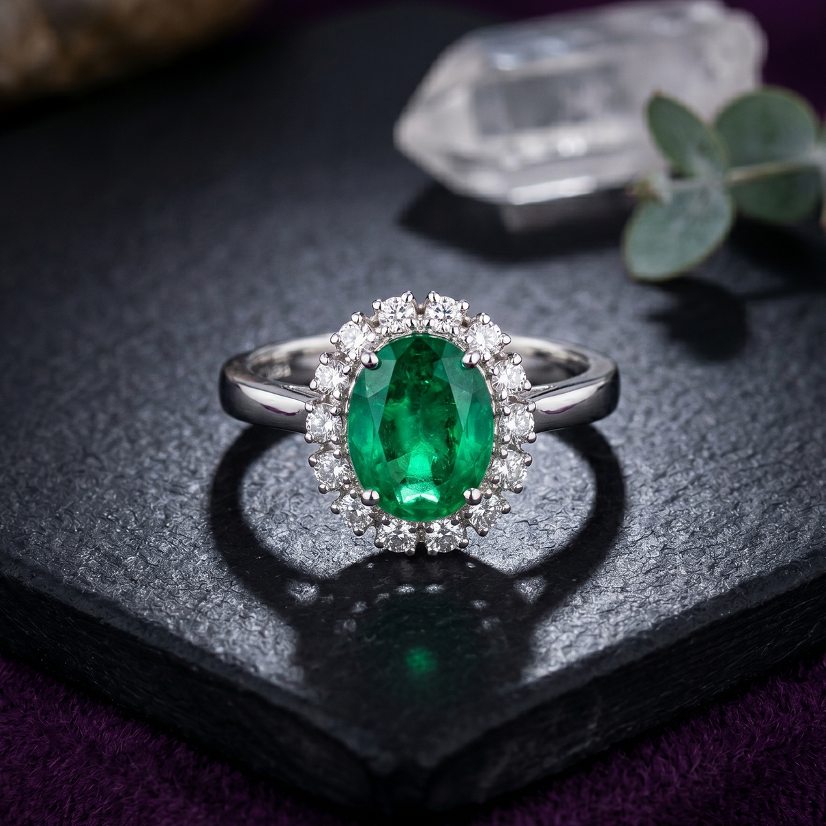 Classic Oval Emerald Halo Ring in 925 Sterling Silver