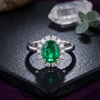 Classic Oval Emerald Halo Ring in 925 Sterling Silver