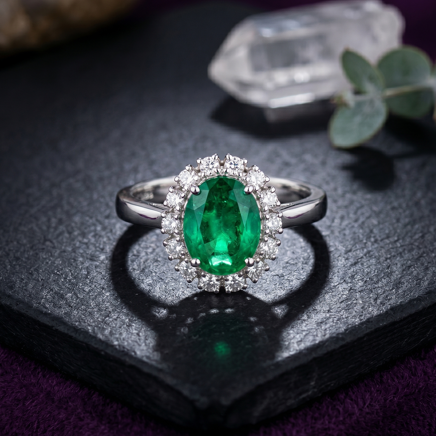 Classic Oval Emerald Halo Ring in 925 Sterling Silver