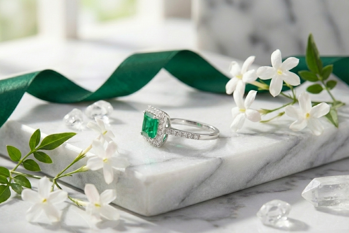 925 Sterling Silver Emerald Halo Square Cut Adjustable Ring