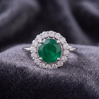 Round Cut Emerald Green Halo Statement Ring in 925 Sterling Silver