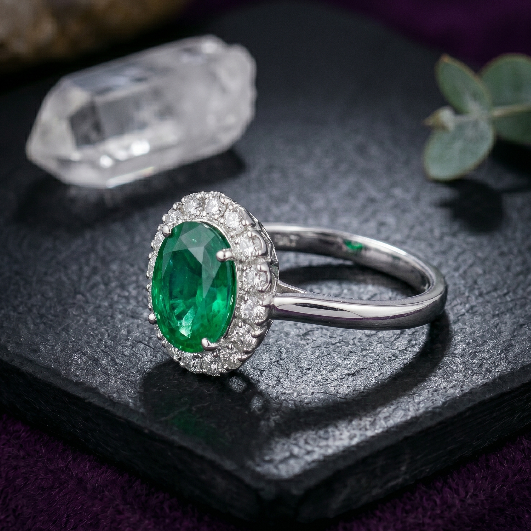 Classic Oval Emerald Halo Ring in 925 Sterling Silver
