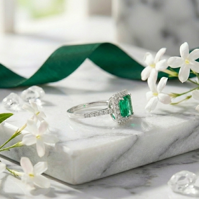 925 Sterling Silver Emerald Halo Square Cut Adjustable Ring