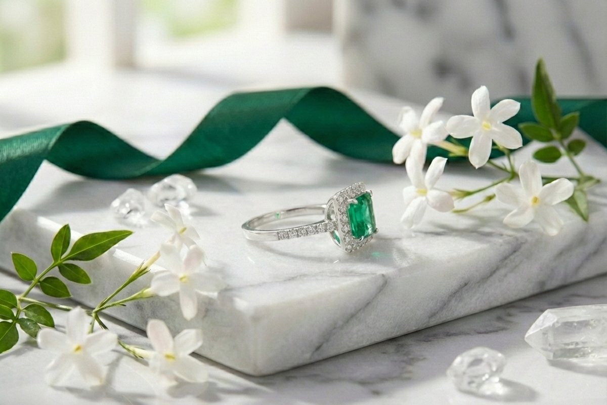 925 Sterling Silver Emerald Halo Square Cut Adjustable Ring