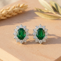 Lush Emerald Oval Halo Studs - 925 Sterling Silver