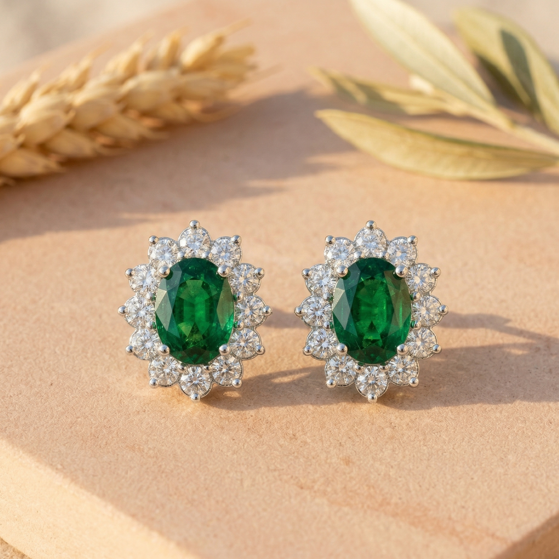 Lush Emerald Oval Halo Studs - 925 Sterling Silver