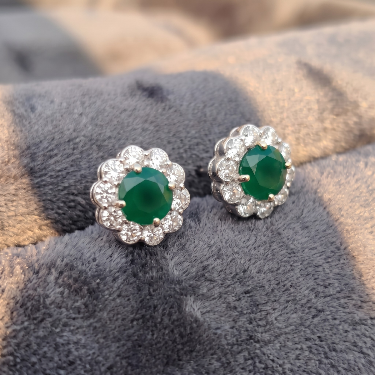 Emerald Bloom Floral Halo Stud Earrings – 925 Sterling Silver