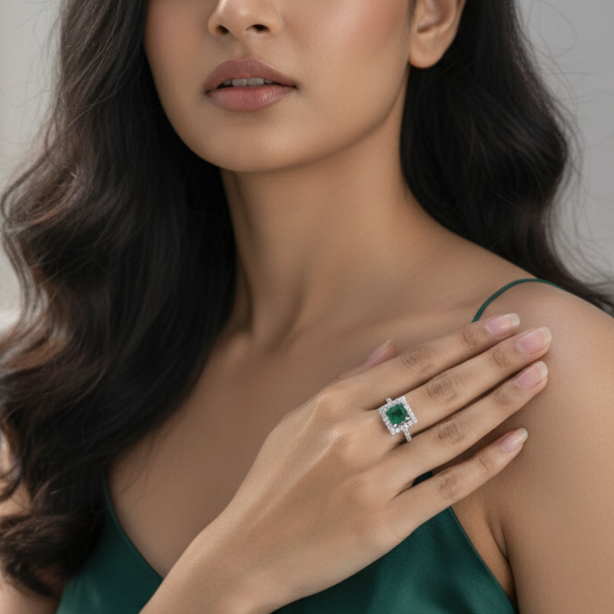 925 Sterling Silver Emerald Halo Square Cut Adjustable Ring