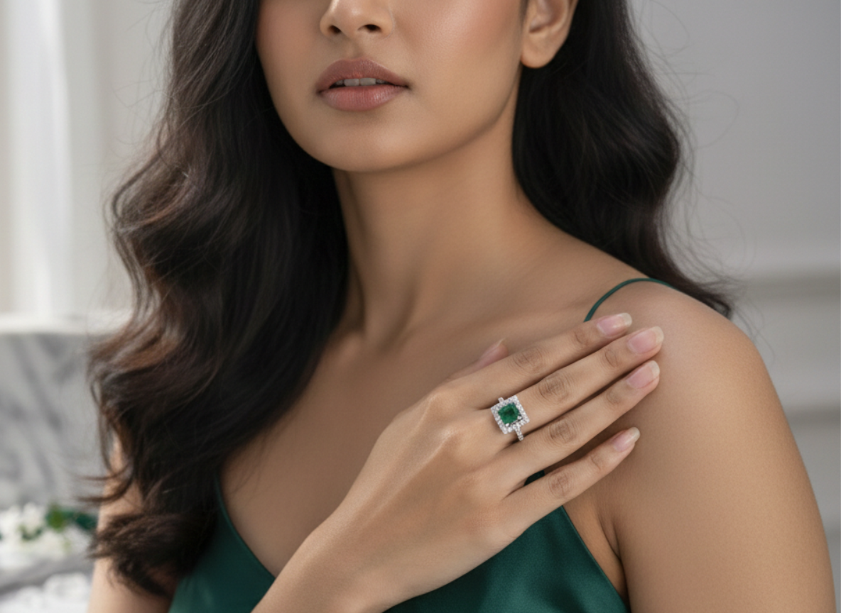 925 Sterling Silver Emerald Halo Square Cut Adjustable Ring