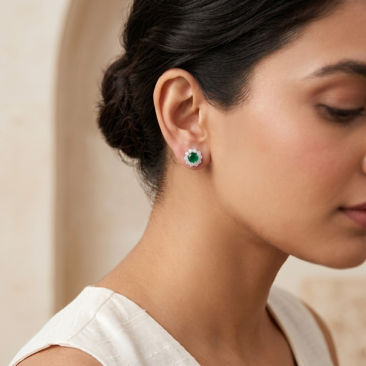 Emerald Bloom Floral Halo Stud Earrings – 925 Sterling Silver