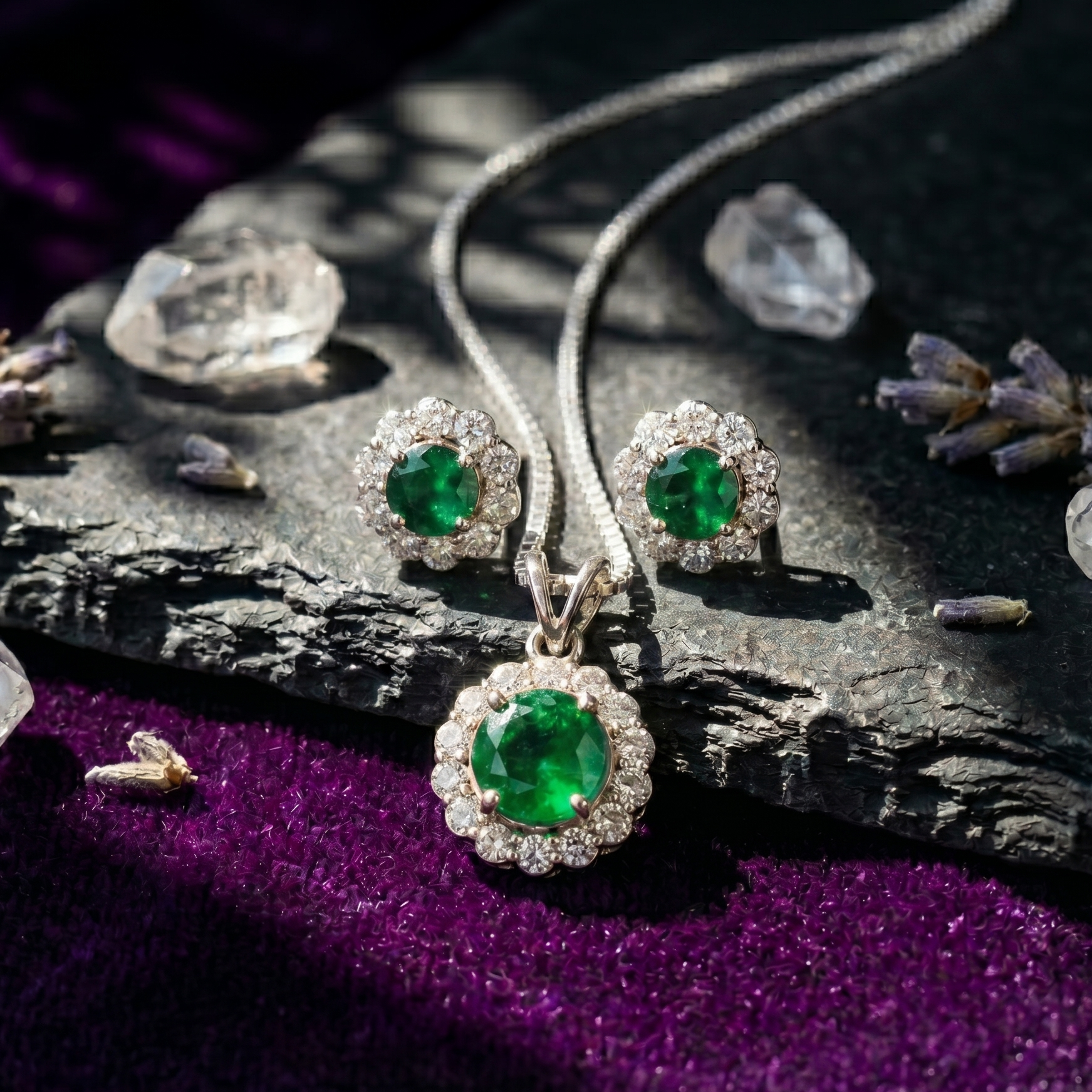 Emerald Halo Pendant Set in 925 Sterling Silver