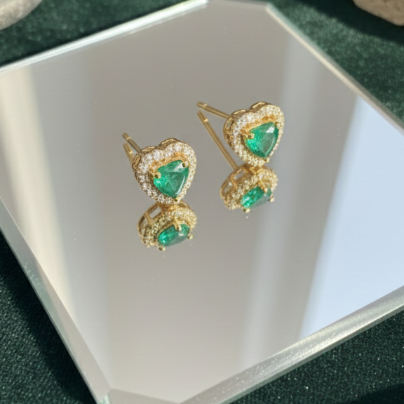 Emerald Green Heart Halo CZ Studs | 925 Sterling Silver