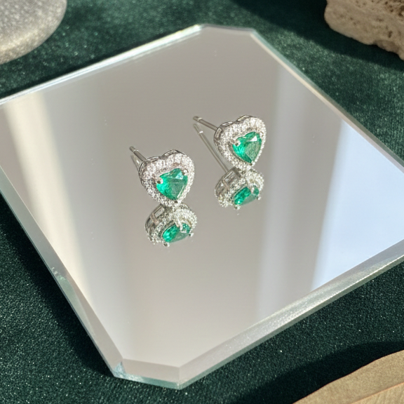 Emerald Green Heart Halo CZ Studs | 925 Sterling Silver