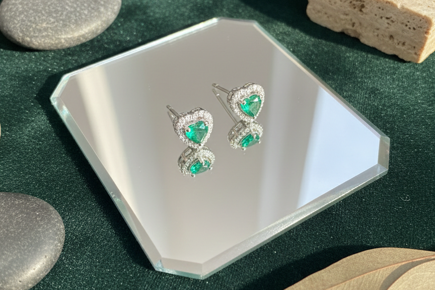 Emerald Green Heart Halo CZ Studs | 925 Sterling Silver