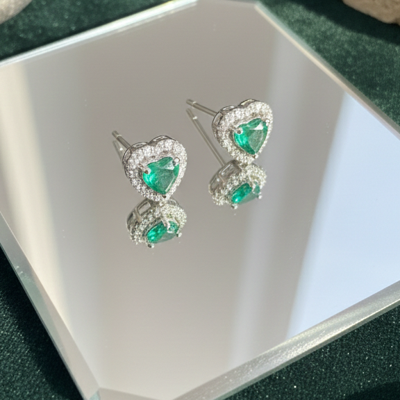 Emerald Green Heart Halo CZ Studs | 925 Sterling Silver
