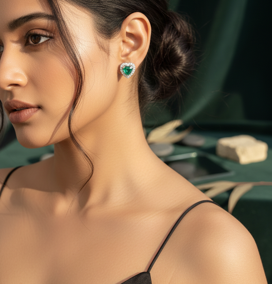 Emerald Green Heart Halo CZ Studs | 925 Sterling Silver