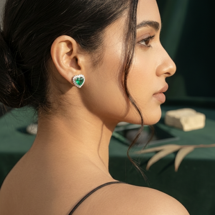 Emerald Green Heart Halo CZ Studs | 925 Sterling Silver