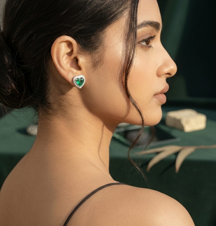 Emerald Green Heart Halo CZ Studs | 925 Sterling Silver