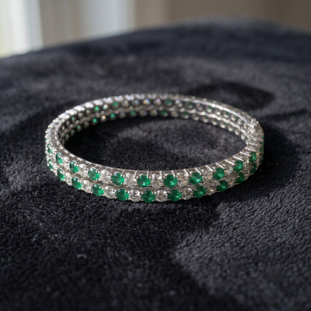 Emerald Lumina Green & White CZ Eternity Bangle in 925 Sterling Silver