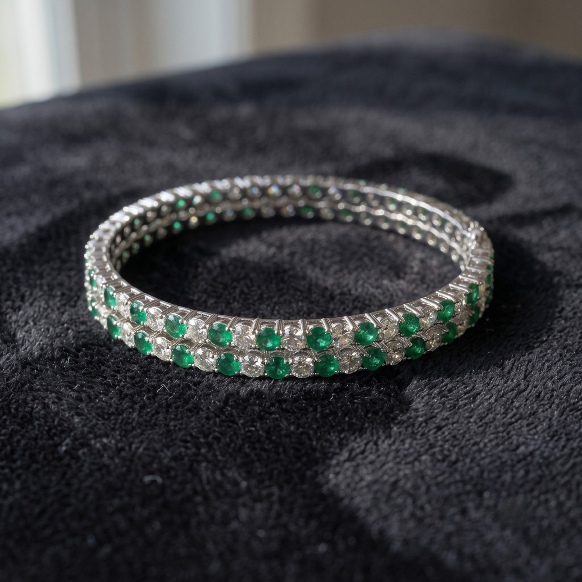 Emerald Lumina Green & White CZ Eternity Bangle in 925 Sterling Silver