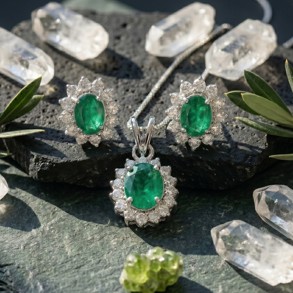 Oval Emerald Halo Pendant Set in 925 Sterling Silver