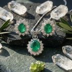 Oval Emerald Halo Pendant Set in 925 Sterling Silver