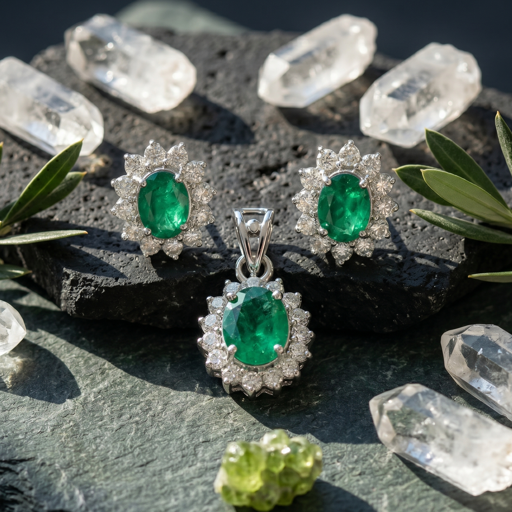 Oval Emerald Halo Pendant Set in 925 Sterling Silver