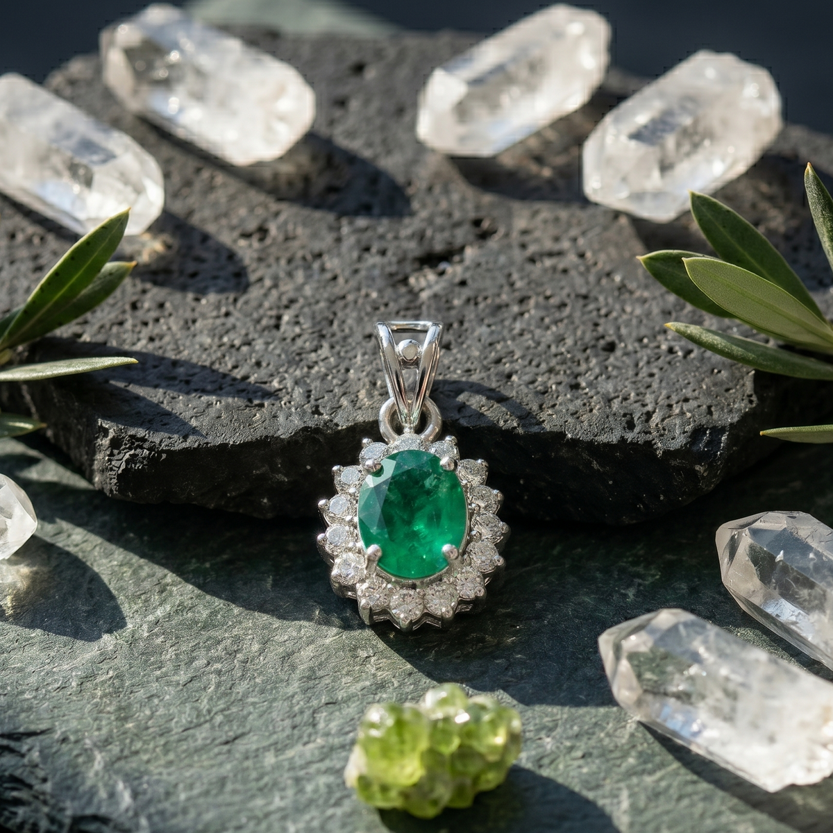 Oval Emerald Halo Pendant Set in 925 Sterling Silver