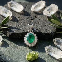 Oval Emerald Halo Pendant Set in 925 Sterling Silver