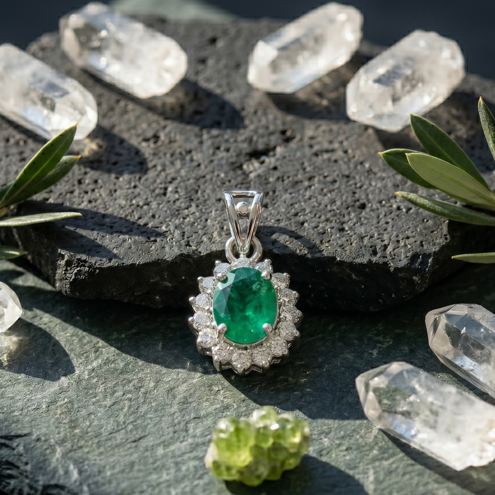 Oval Emerald Halo Pendant Set in 925 Sterling Silver