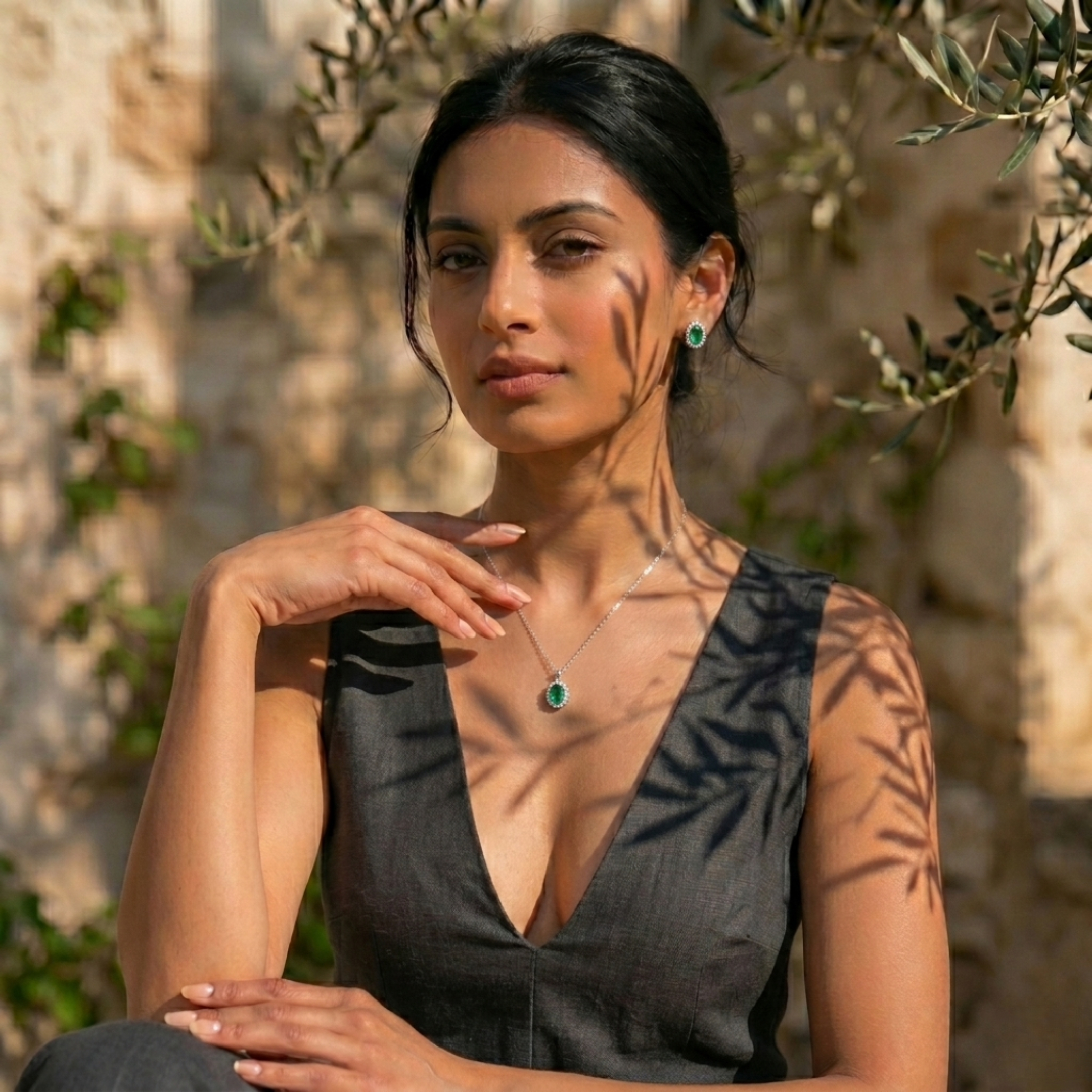 Oval Emerald Halo Pendant Set in 925 Sterling Silver