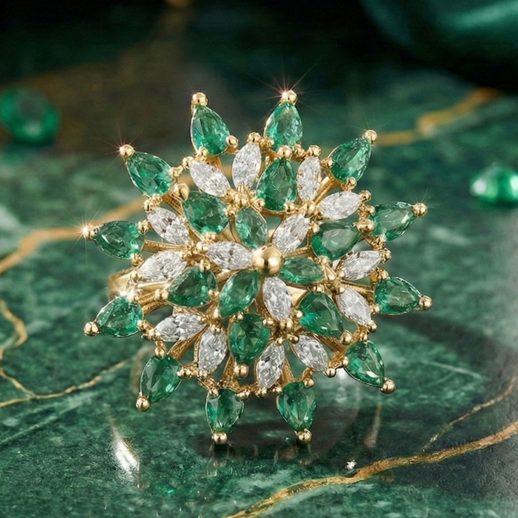 925 Sterling Silver Royal Emerald Starburst Adjustable Cocktail Ring