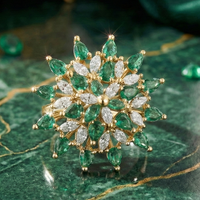 925 Sterling Silver Royal Emerald Starburst Adjustable Cocktail Ring