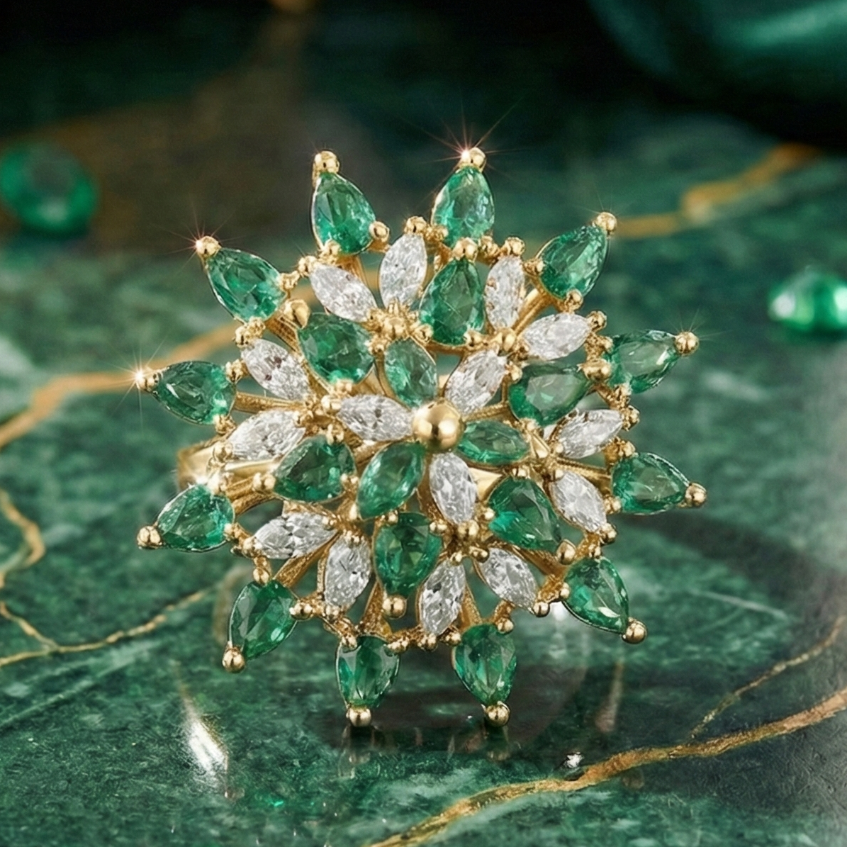 925 Sterling Silver Royal Emerald Starburst Adjustable Cocktail Ring
