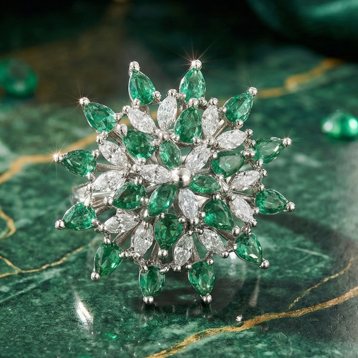 925 Sterling Silver Royal Emerald Starburst Adjustable Cocktail Ring