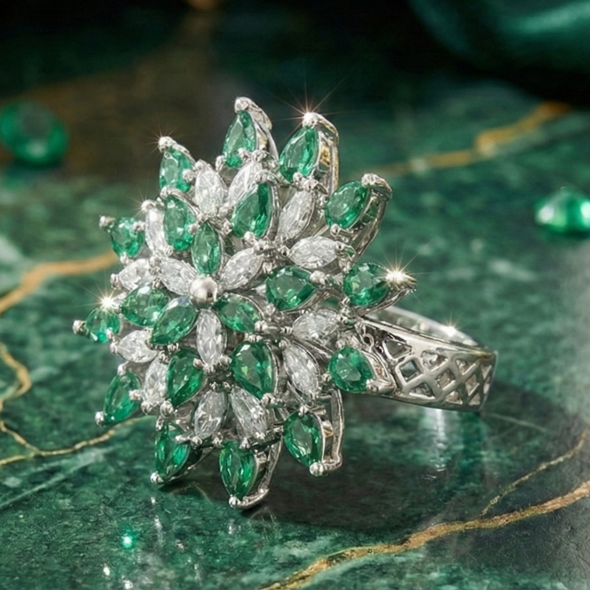 925 Sterling Silver Royal Emerald Starburst Adjustable Cocktail Ring