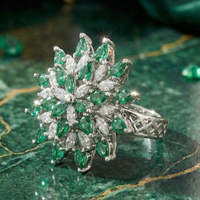 925 Sterling Silver Royal Emerald Starburst Adjustable Cocktail Ring